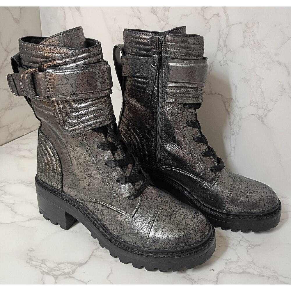 DKNY Basia Buckled Quilted Gun Metal Leather Combat Boots - Size 6.5 - NEW